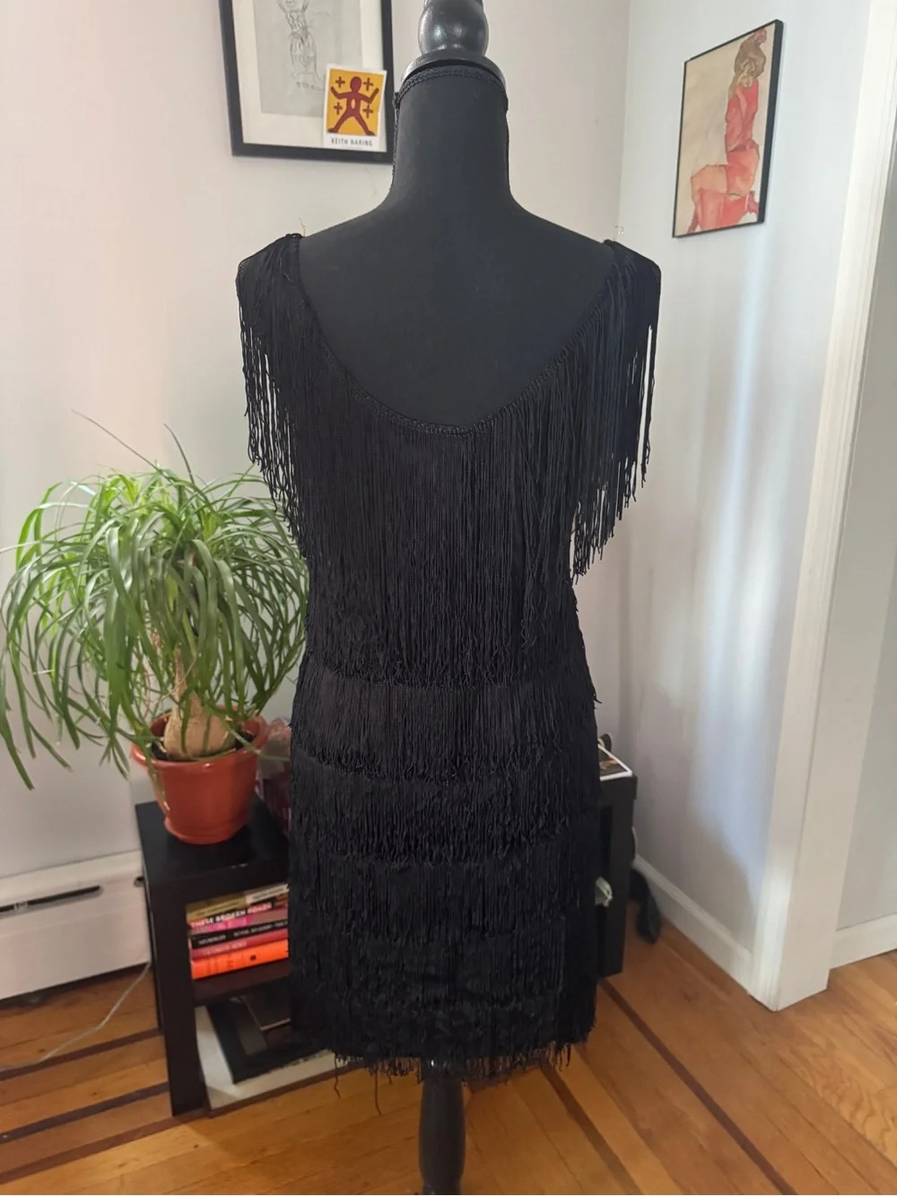 Black Fringe Flapper Costume. Dress with Gold Trim and Feather Headband. Size M